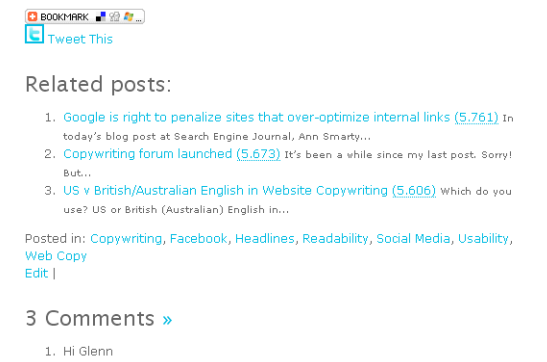 Include links to related posts, with the YARPP plugin.